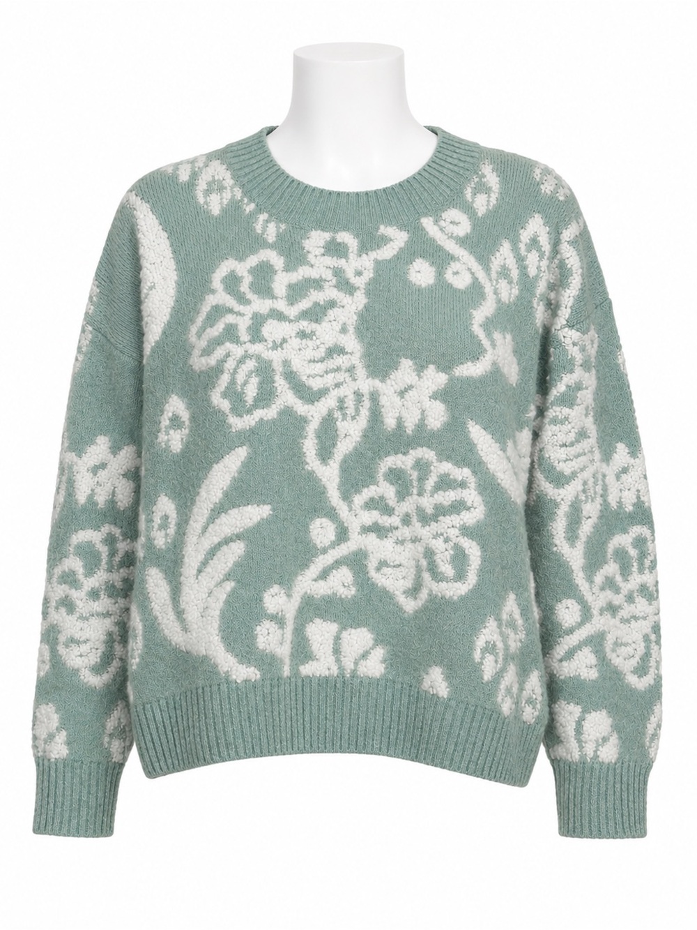Size M Max Studio Women’s Floral Bouclé Knit Crewneck Sweater Sage Green Cozy